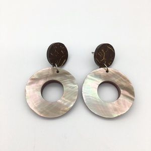 Statement Mother of Pearl Earrings Round Faux Wood Pierced Dangle Drop Light